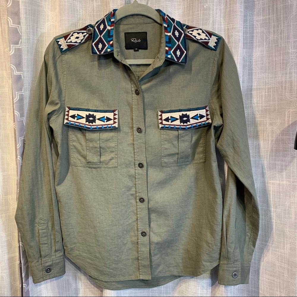Rails Shirt women's XS Kona Sage Inca Embroidery Linen Southwestern Boho button - Picture 2 of 11